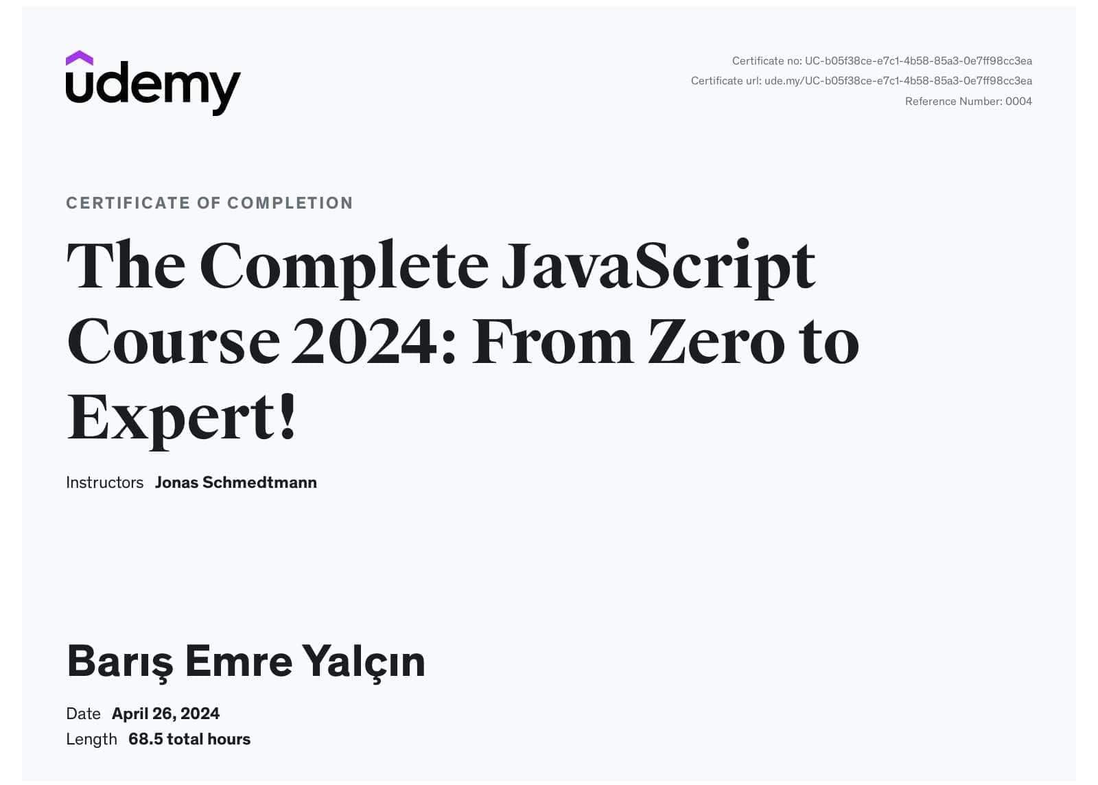 The Complete JavaScript Course 2024 certificate